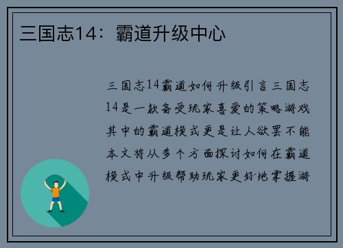 三国志14：霸道升级中心