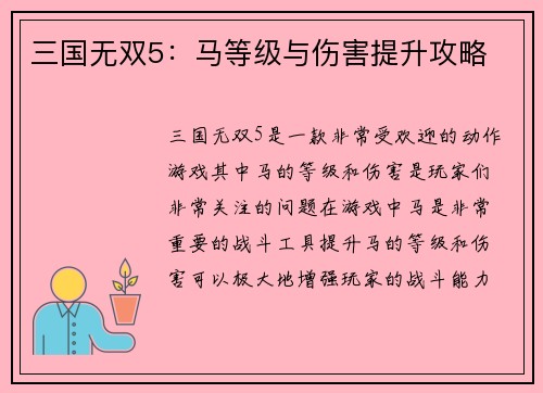 三国无双5：马等级与伤害提升攻略