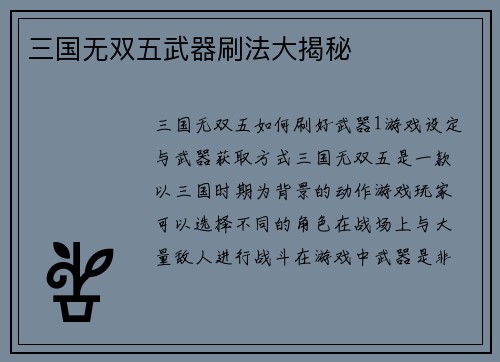 三国无双五武器刷法大揭秘
